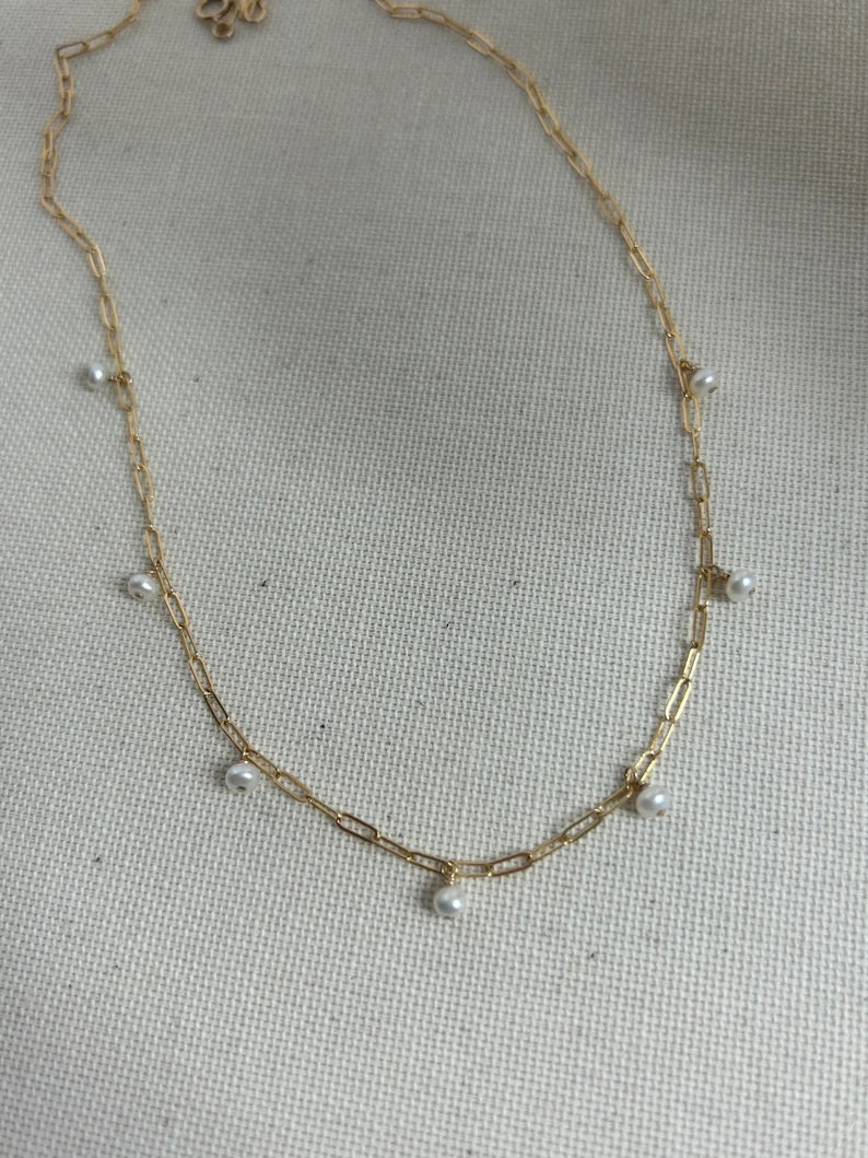 Dangling Pearl Paperclip Chain Necklace | 7 Freshwater Pearls Station Necklace