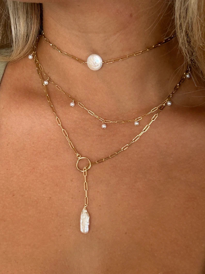 Dangling Pearl Paperclip Chain Necklace | 7 Freshwater Pearls Station Necklace