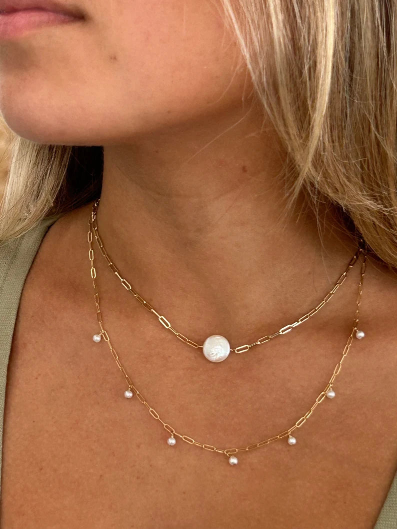 Dangling Pearl Paperclip Chain Necklace | 7 Freshwater Pearls Station Necklace