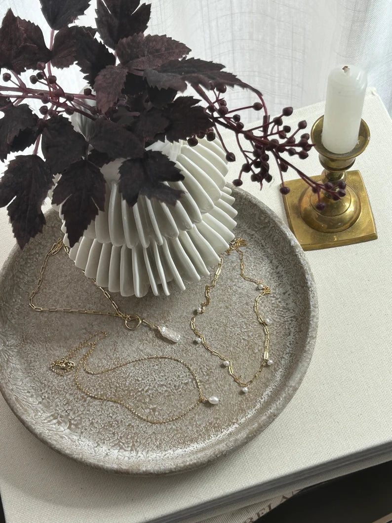 Dangling Pearl Paperclip Chain Necklace | 7 Freshwater Pearls Station Necklace