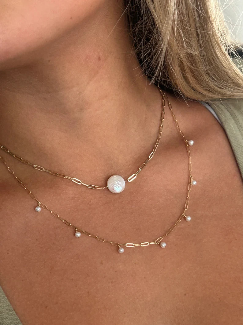 Dangling Pearl Paperclip Chain Necklace | 7 Freshwater Pearls Station Necklace