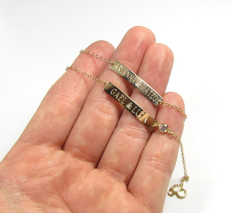 Engraved Bar Bracelet with CZ Accent | Personalized Bar Bracelet