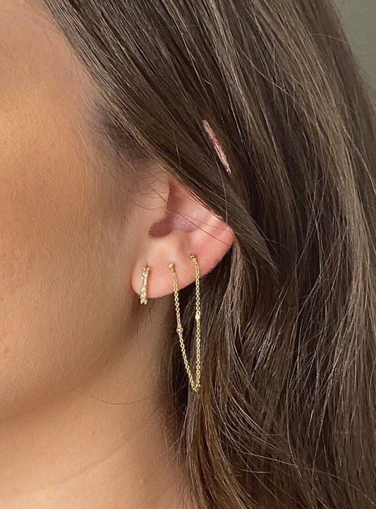 14K Double Diamond Handcuff Chain Earrings | Double Piercing Earring