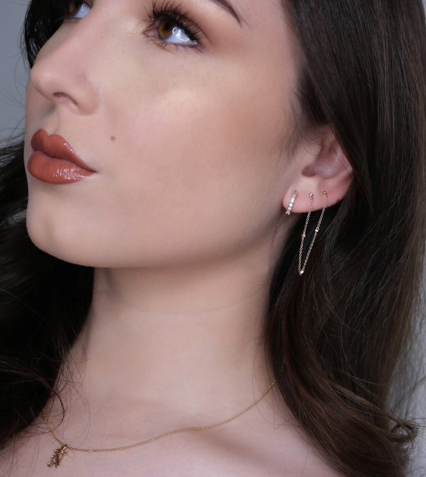 14K Double Diamond Handcuff Chain Earrings | Double Piercing Earring