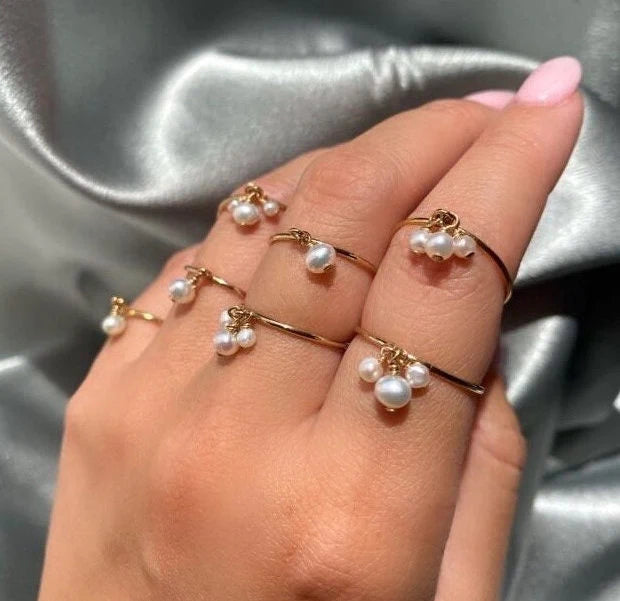 Dainty Freshwater Pearl Stack Ring | Pearl Charm Ring