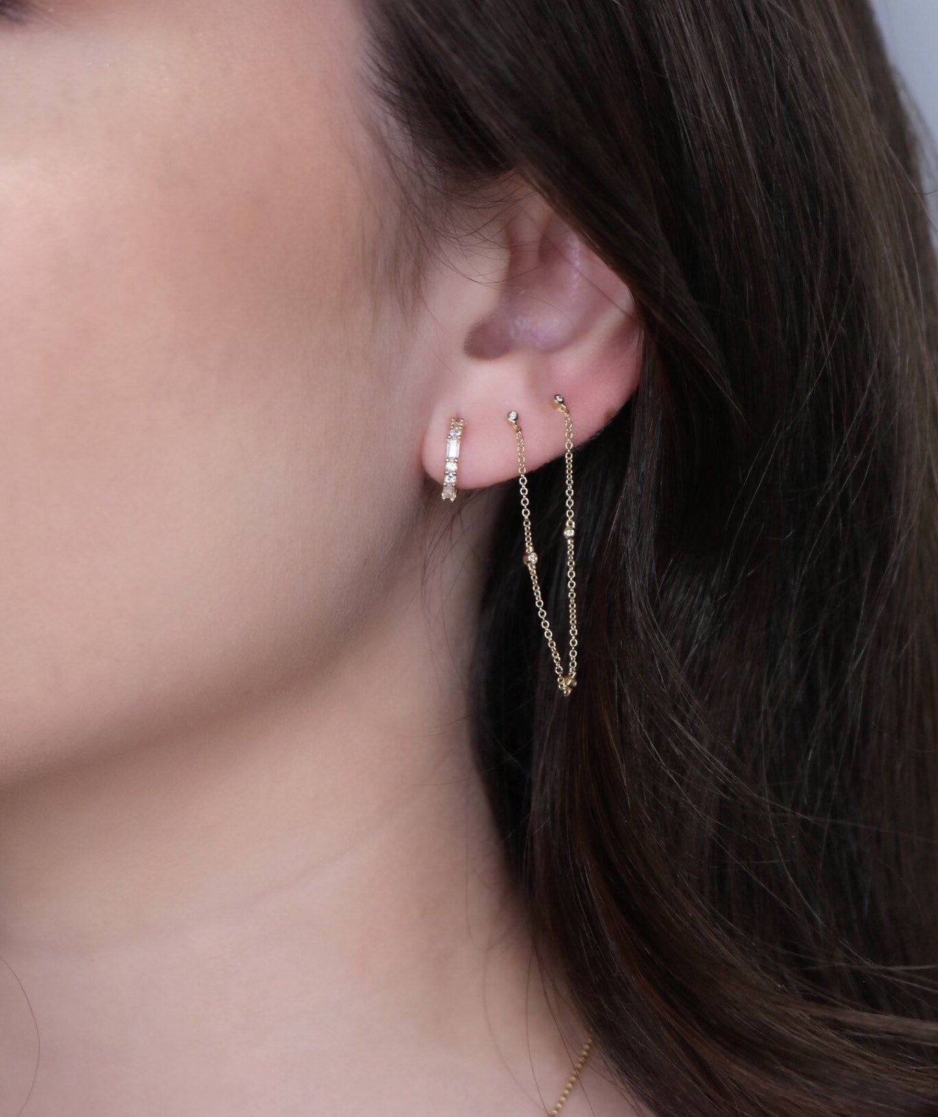 14K Double Diamond Handcuff Chain Earrings | Double Piercing Earring