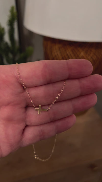 14K Mini Sideways Cross Necklace | Solid Yellow Gold