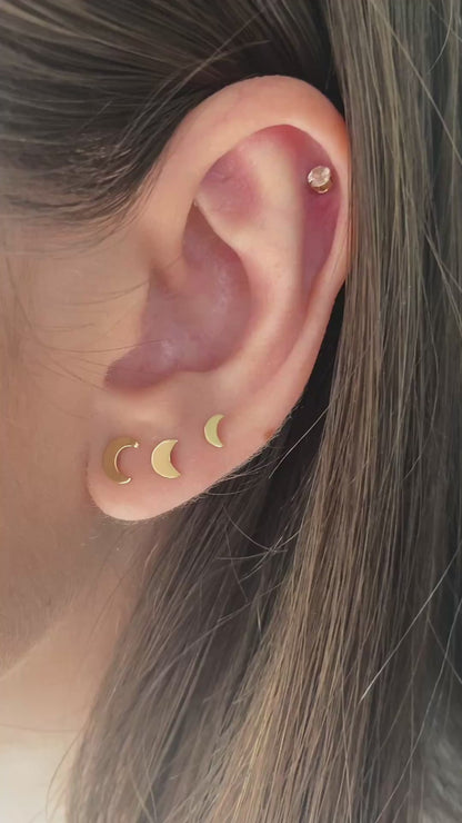 Tiny Crescent Moon Stud Earrings | 14K Solid Yellow Gold