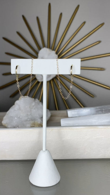 14K Solid Gold Mini Huggie Hoop with Chain | Connector Earring for Ear Stack