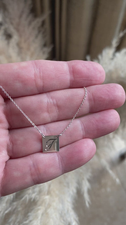 14K Solid Gold Engraved Square Pendant Necklace | Personalized Initial Jewelry