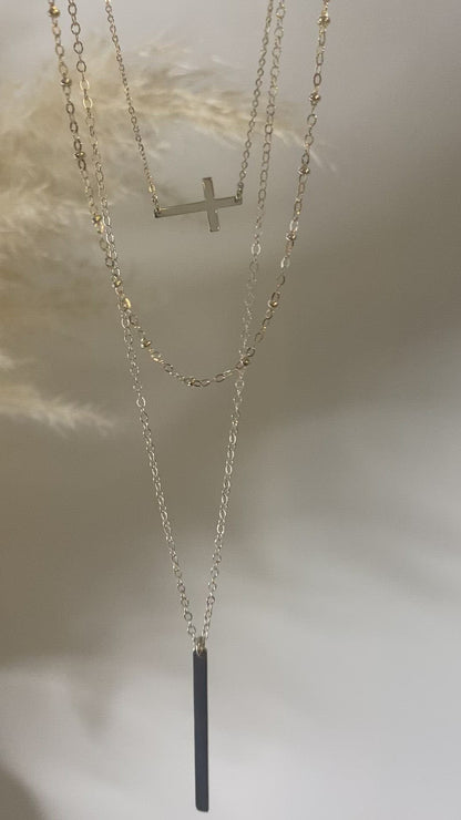 Layered Necklace Set | Sideways Cross, Beaded Chain & Vertical Bar Necklace