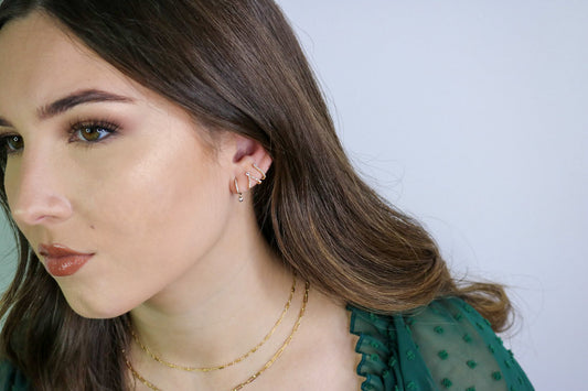 14K Gold Diamond J Hoop Earrings | Curved Diamond Bar Earrings