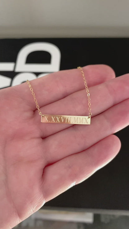 14K Solid Gold Roman Numeral Personalized Bar Necklace | Custom Engraved Date Pendant