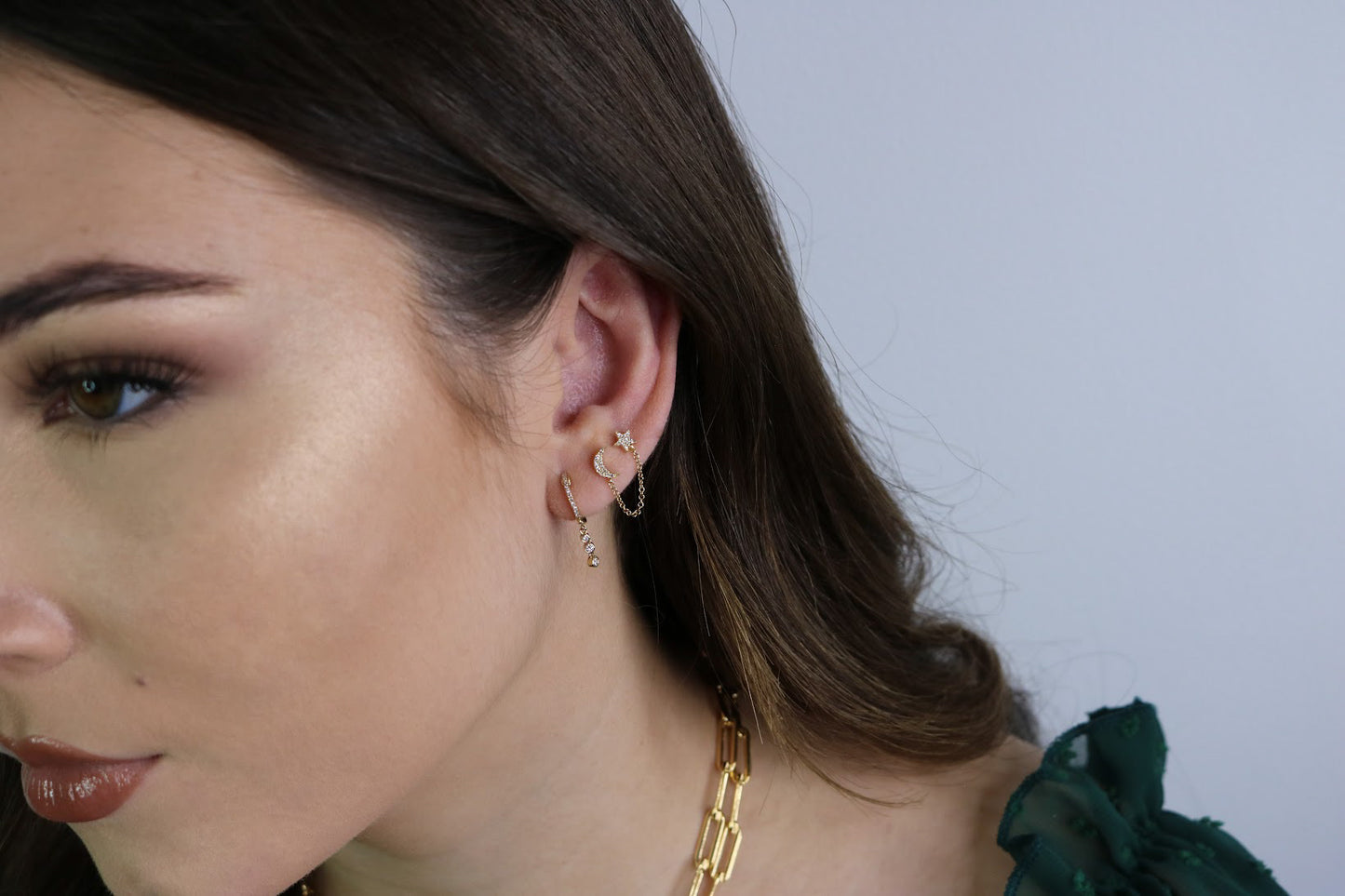 14K Diamond Moon + Star Handcuff Chain Earrings | Celestial Solid Gold Jewelry