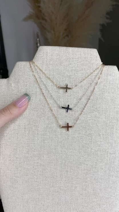 Tiny Sideways Cross Necklace | 3 Metal Finishes