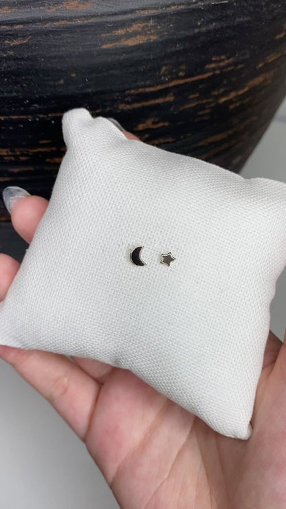 14K Solid Gold Moon & Star Studs | Mismatched Celestial Jewelry