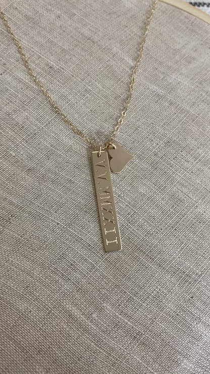 Engraved Vertical Bar Necklace with Heart Charm | Solid 14K Gold | Personalized Fine Jewelry Gift