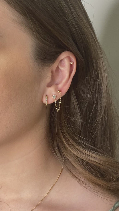 14K CZ & Ball Stud Handcuff Earrings | Double Piercing Gold Earrings | Chain Linked Studs