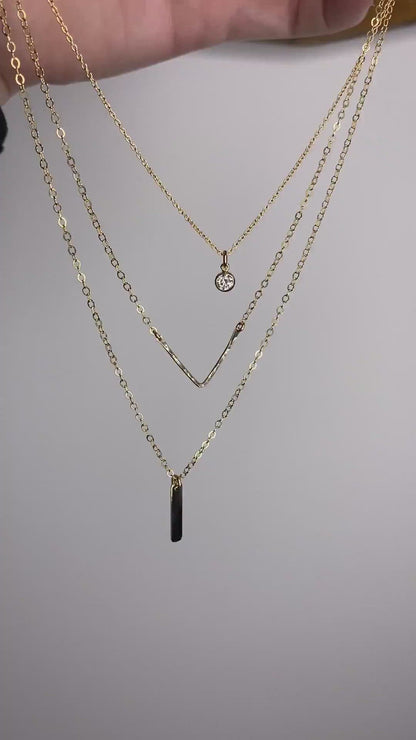 Layered Necklace Set | CZ Pendant, Hammered Chevron & Tiny Bar Necklace