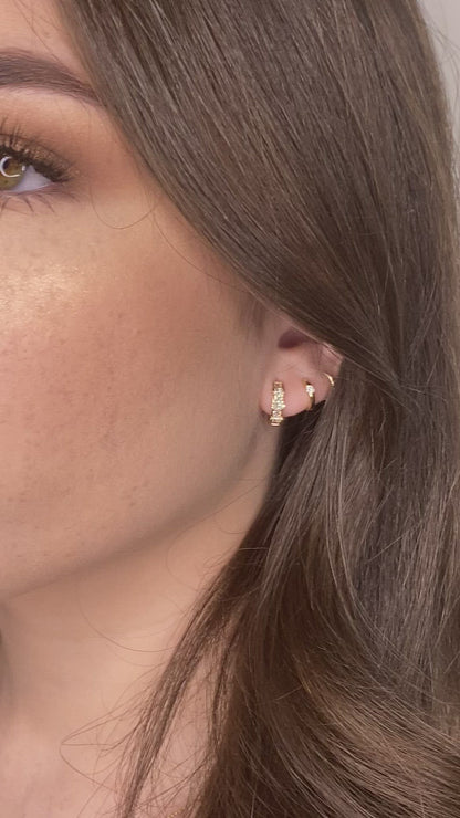 14K Solid Gold Princess & Round CZ Huggie Hoops | Click Closure