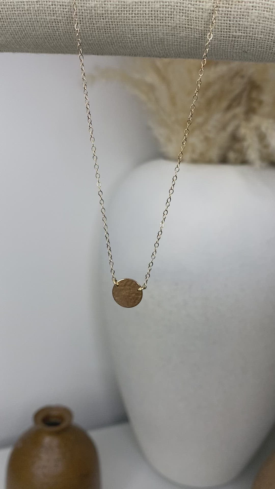 Hammered Disc Engraved Necklace • 14KT Solid Yellow Gold