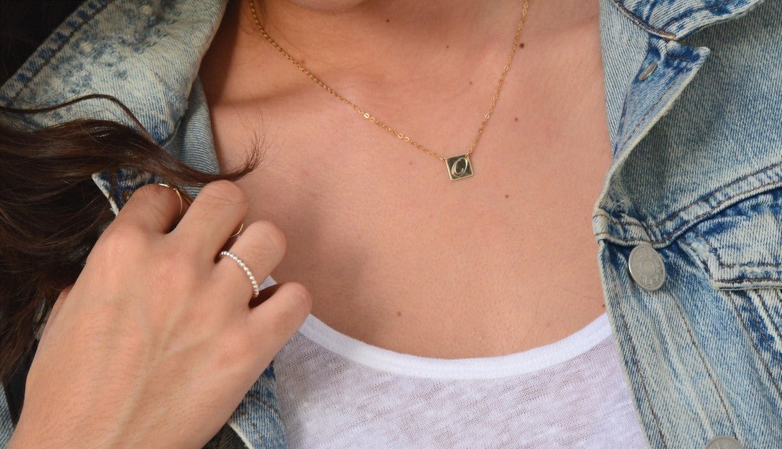 14K Solid Gold Engraved Square Pendant Necklace | Personalized Initial Jewelry