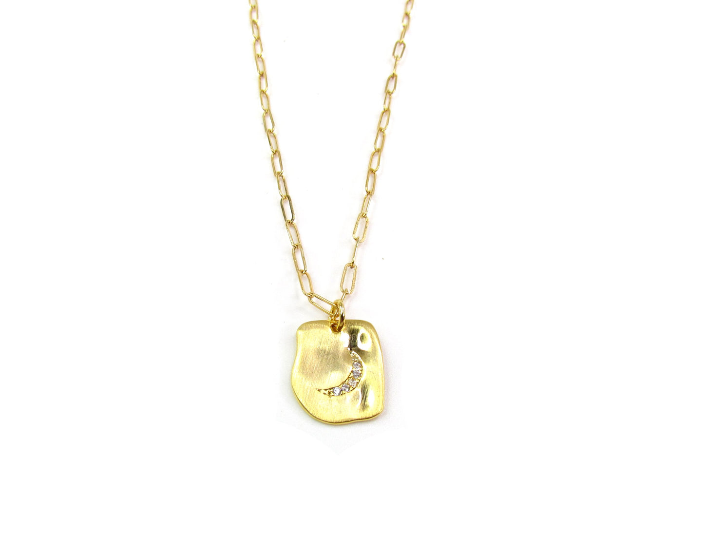Moon CZ Pendant Necklace | Moon Charm on Dainty Paperclip Chain