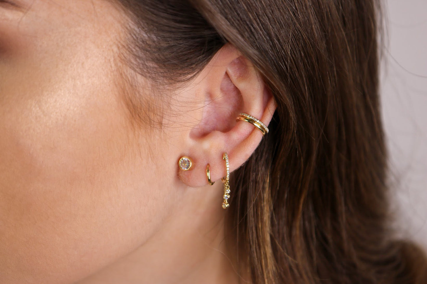14K Gold Diamond Huggie Hoop Earrings | Shaker Style Cascading Diamond Drops
