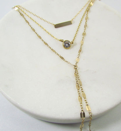 Layered Necklace Set | Tiny Bar, CZ Pendant & Lariat Chain
