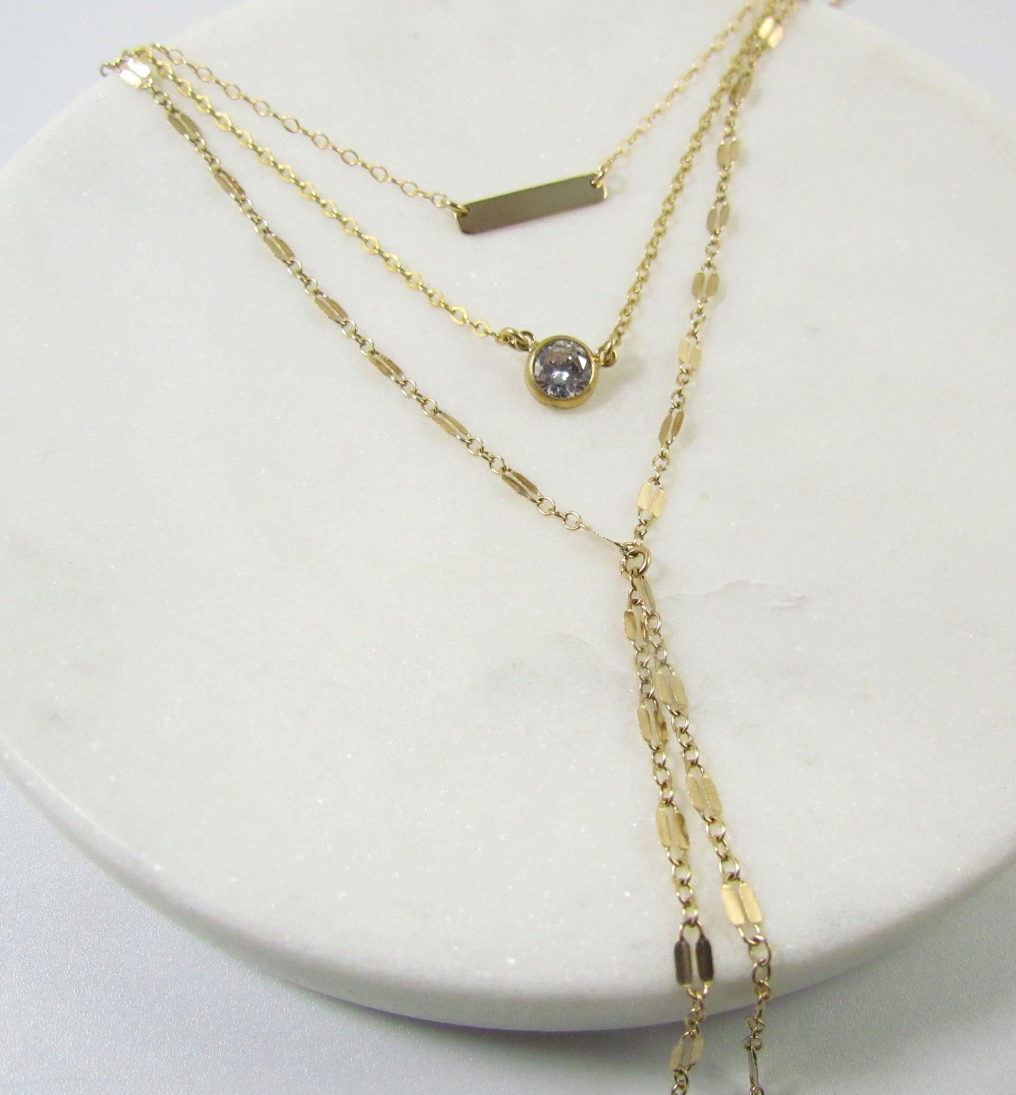 Layered Necklace Set | Tiny Bar, CZ Pendant & Lariat Chain