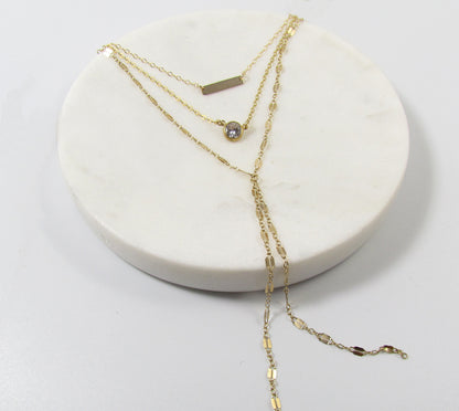 Layered Necklace Set | Tiny Bar, CZ Pendant & Lariat Chain