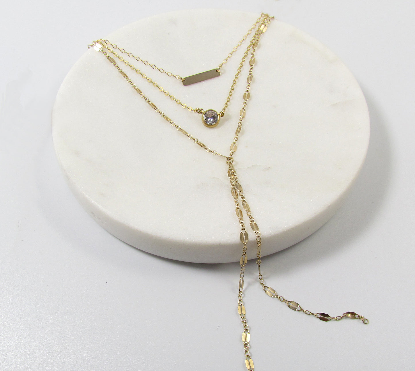 Layered Necklace Set | Tiny Bar, CZ Pendant & Lariat Chain