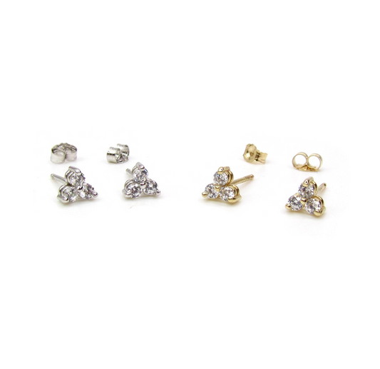 14K 3 CZ Stone Cluster Stud Earrings | Dainty Gold Sparkle Studs