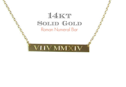 14K Solid Gold Roman Numeral Personalized Bar Necklace | Custom Engraved Date Pendant