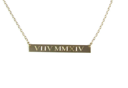 14K Solid Gold Roman Numeral Personalized Bar Necklace | Custom Engraved Date Pendant