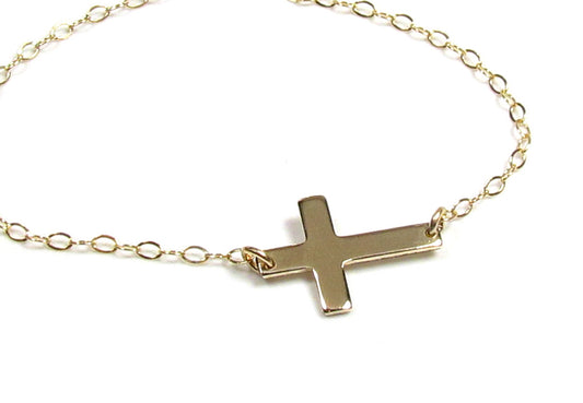 14K Gold Tiny Sideways Cross Necklace