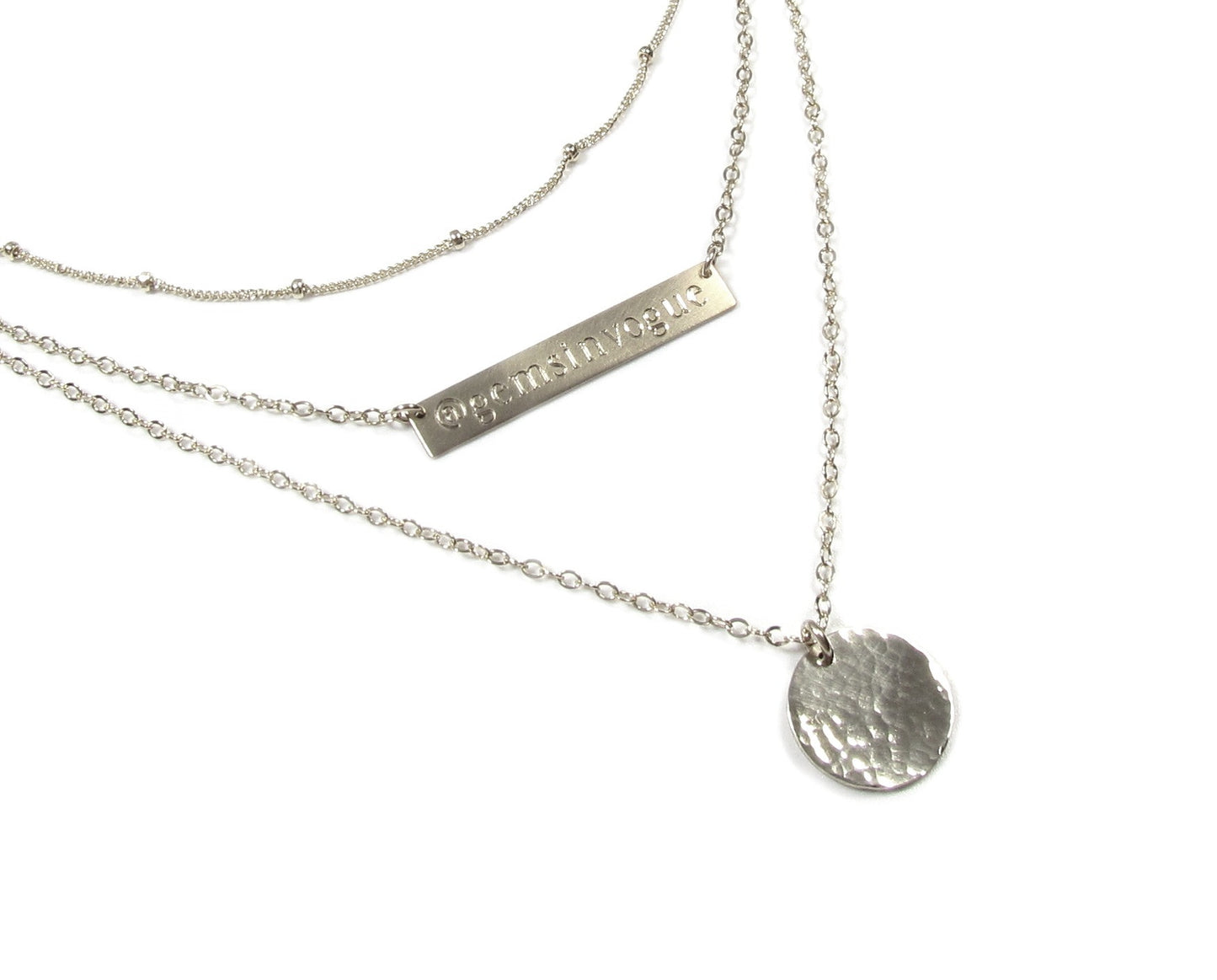 Set of 3 Layering Necklaces | Beaded Satellite Chain, Engraved Bar, Pendant & Hammered Disc