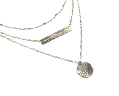 Set of 3 Layering Necklaces | Beaded Satellite Chain, Engraved Bar, Pendant & Hammered Disc