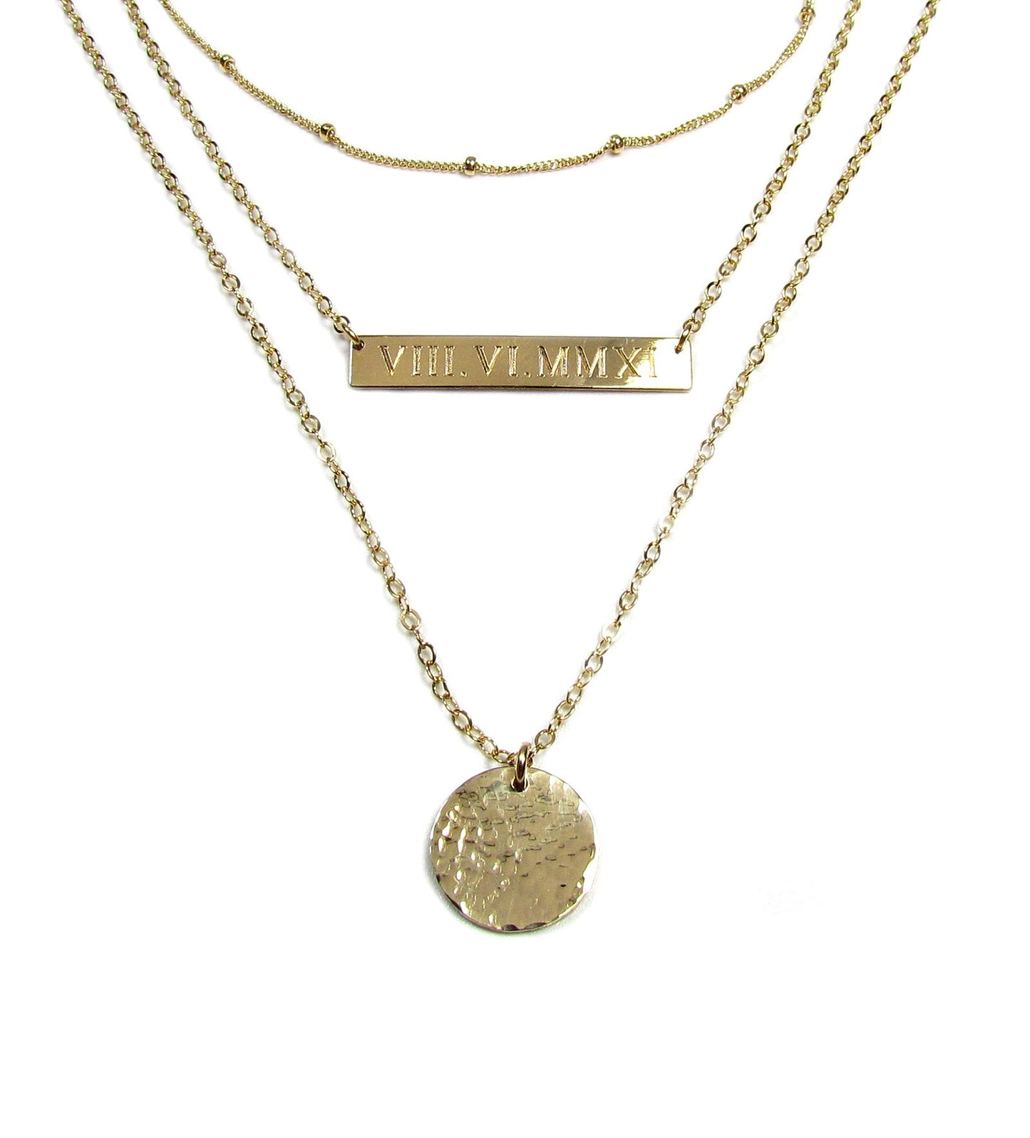Set of 3 Layering Necklaces | Beaded Satellite Chain, Engraved Bar, Pendant & Hammered Disc