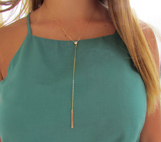 Long Y CZ & Bar Lariat Necklace