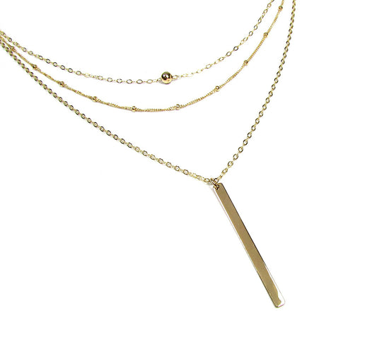 Set of 3 Layering Necklaces | Hammered Bead, Beaded Satellite Chain & Vertical Bar Necklace