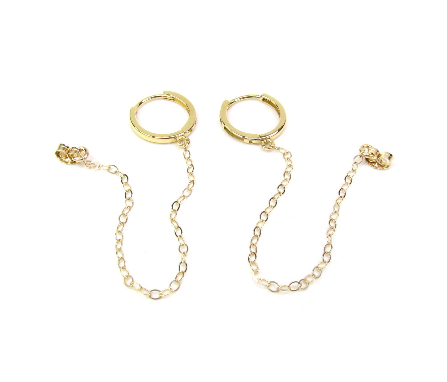 14K Solid Gold Mini Huggie Hoop with Chain | Connector Earring for Ear Stack