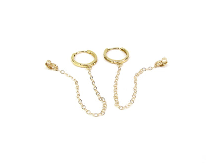 14K Solid Gold Mini Huggie Hoop with Chain | Connector Earring for Ear Stack