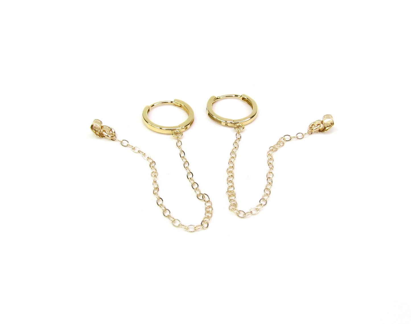 14K Solid Gold Mini Huggie Hoop with Chain | Connector Earring for Ear Stack