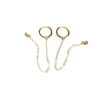 14K Solid Gold Mini Huggie Hoop with Chain | Connector Earring for Ear Stack