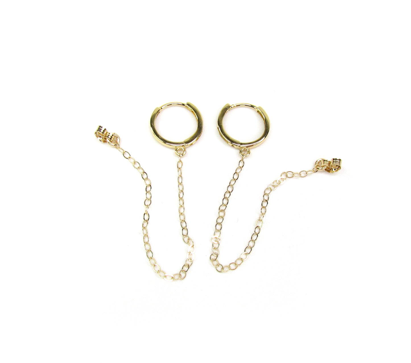 14K Solid Gold Mini Huggie Hoop with Chain | Connector Earring for Ear Stack