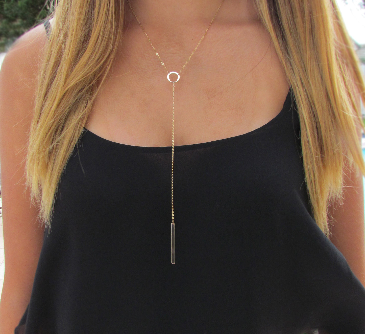 Circle and Bar Long Y Lariat Necklace | Minimalist Layering Jewelry