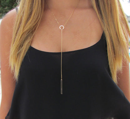 Circle and Bar Long Y Lariat Necklace | Minimalist Layering Jewelry