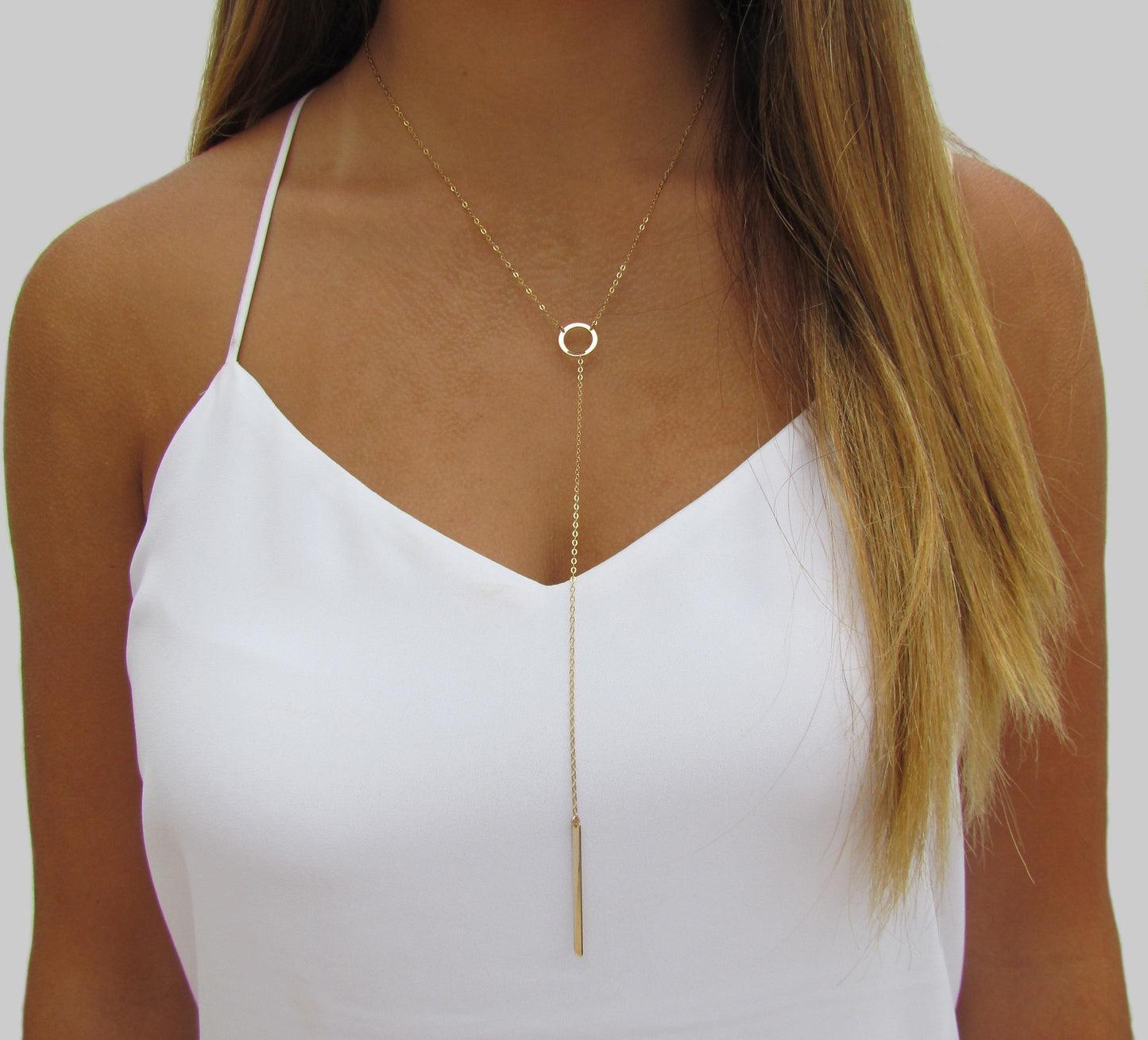 Circle and Bar Long Y Lariat Necklace | Minimalist Layering Jewelry
