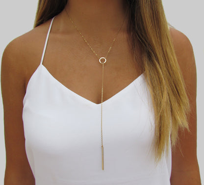 Circle and Bar Long Y Lariat Necklace | Minimalist Layering Jewelry